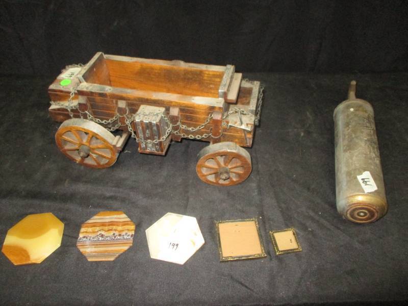 lot 44 image: Wagon, Brass Fire Extinguisher and little marble pieces