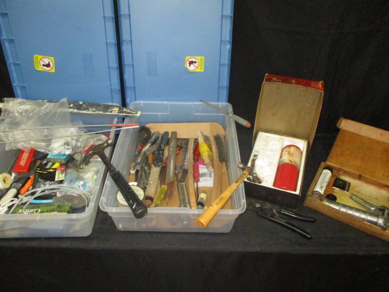 lot 84 image: Jet Torch, Grease gun and tools along with 2 nice tubs with covers