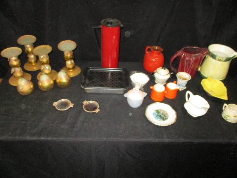 lot 107 image: Pitchers, USA, Pear Candle Holders, Old Collectibles  CoffeeWarmers and pan