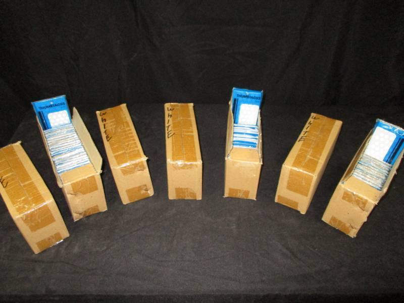 lot 149 image: Half Case of White Thumbtacks 175 Packs of 40 tacks unopened