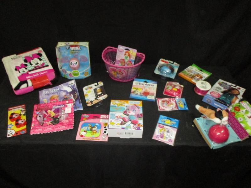 lot 150 image: Variety of girls toys, Mickey Mouse Throw, FROZEN and Barbie books, Purse Knit Kit, Bashful Bear Project