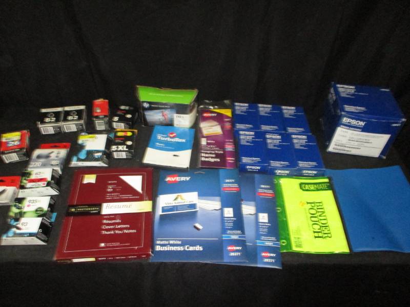 lot 161 image: lots and lots of various ink carprides, ribbon cartridges, business cards, resume paper and more all new