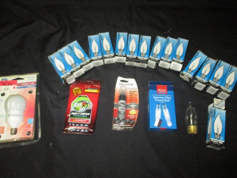 lot 163 image: Variety of household bulbs, aquarium, Lamp, Ceiling Fan.  Touch up paint, Fuel friendly Wipes