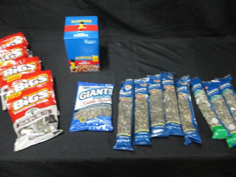 lot 195 image: 32 Packs Sunflower Seeds Dill Pickle and Kettle Roasted and planters Salted Peanuts