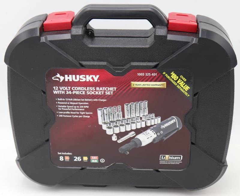 Husky 12 Volt Cordless Ratchet w/34 Piece Socket Set April Tool Sale