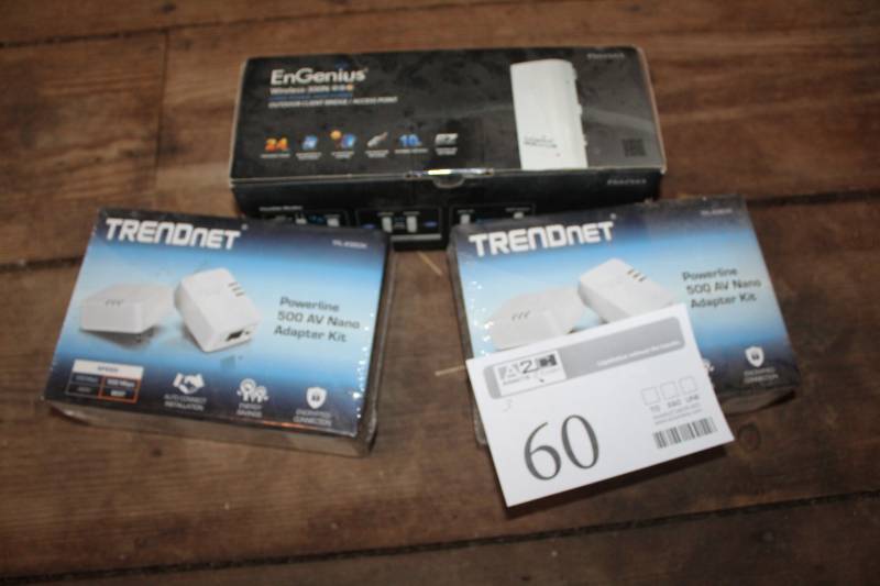 lot 60 image: Trendnet Powerline 500AV Nano Adapter Kits, EnGenius Wireless-300N Long Range High Power Outdoor Client BridgeAccess Point
