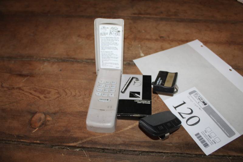 lot 120 image: Garage Door Openers, Liftmaster Openers, Laser Pointer LED Light Keychain, Garage Entry Keypad