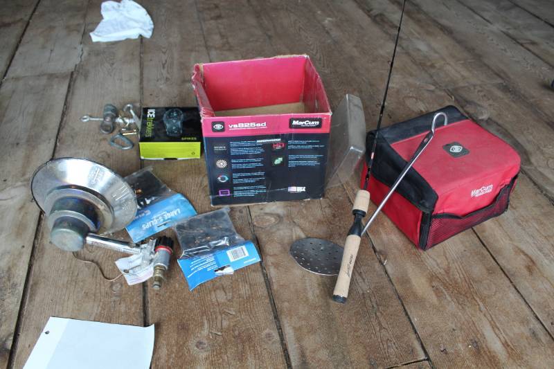 lot 147 image: Camping Gear - Lamp, Ice Treads, MarCum Fish Finder, Large S-Clips, And More