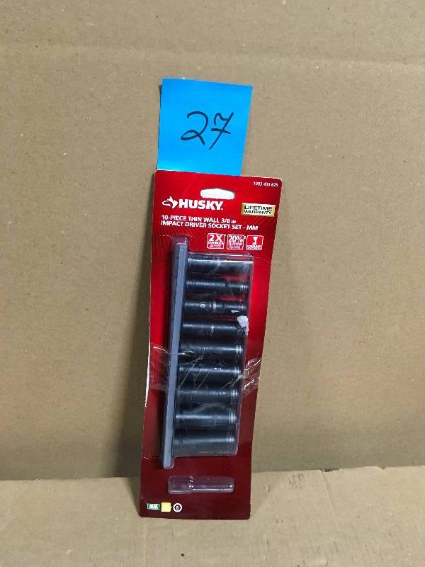 lot 27 image: Husky 38 in. Drive Thin Wall Deep Impact Socket Set MM (10-Piece) MISSING 1 PC  in good condition