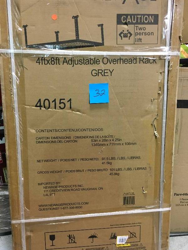lot 32 image: NewAge Products Performance 96 in. L x 48 in. W x 42 in. H Adjustable VersaRac Ceiling Storage Rack in Gray not used