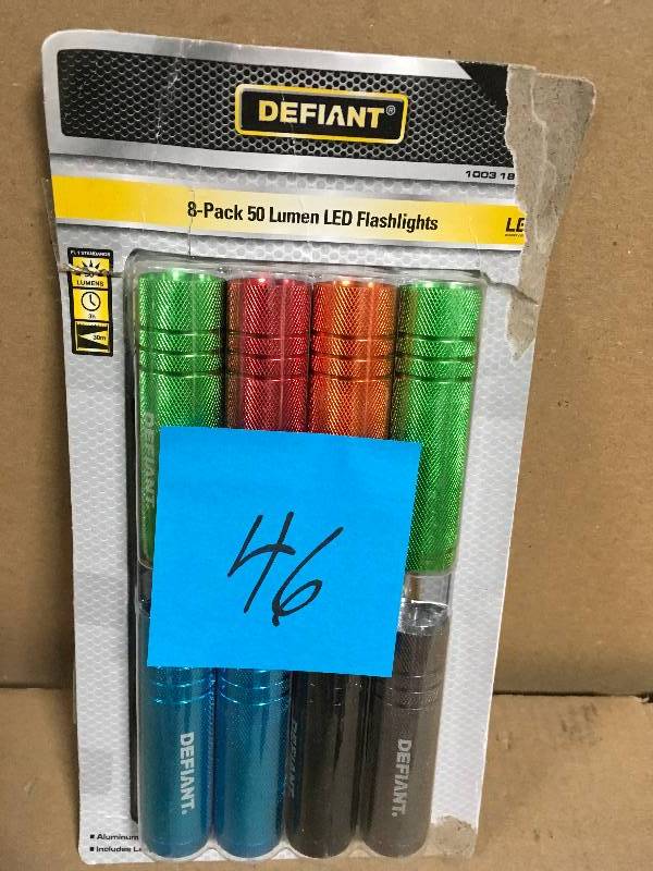 lot 46 image: Defiant 50 Lumens LED Flashlight Combo (8-Pack), Blue Red Orange Grey Green Black  in good condition