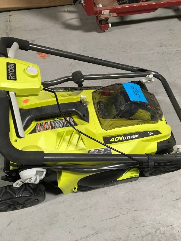 lot 59 image: RYOBI 16 in. 40-Volt Lithium-Ion Cordless Battery Walk Behind Push Lawn Mower - BatteryCharger Not Included  in good condition