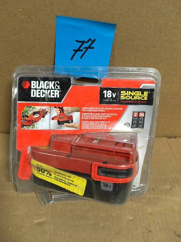 lot 77 image: BLACKDECKER 18-Volt NiCd Battery Pack 1.5Ah  in good condition