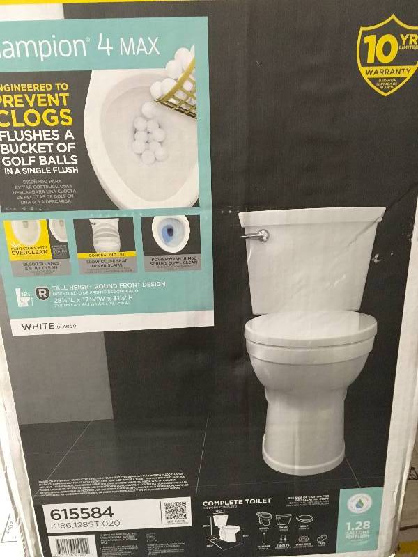 lot 103 image: American Standard Champion 4 Max Tall Height Two-Piece 1.28 GPF Single Flush Round Front Toilet in White with Slow Close Seat Not used