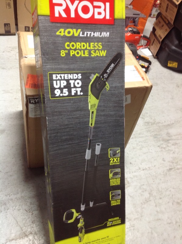 lot 109 image: RYOBI 8 in. 40-Volt Lithium-Ion Cordless Pole Saw 2 Ah Battery and Charger Included in good conditions
