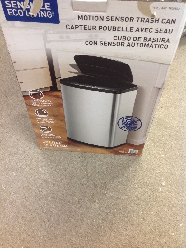 lot 112 image: EKO 47L12.4G Motion Sensor Trash Can, Stainless Steel in good conditions