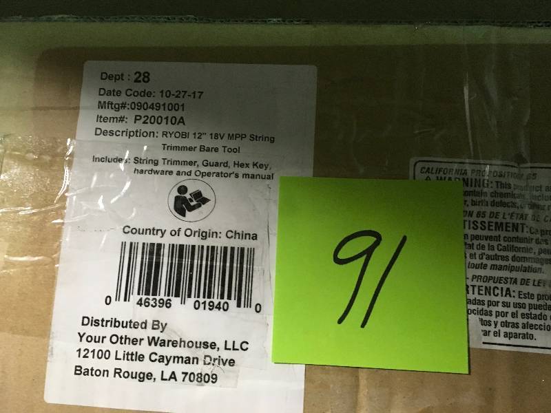 lot 91 image: RYOBI ONE 18-Volt Lithium-Ion Electric Cordless String Trimmer Battery and Charger Not Included in good condition