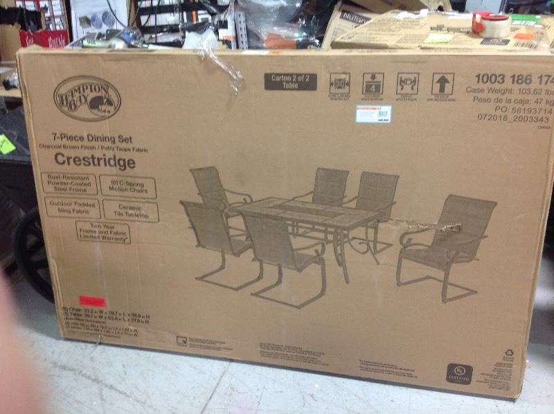 lot 111 image: Hampton Bay Crestridge 7-Piece Padded Sling Outdoor Dining Set in Putty in good conditions missing some screws