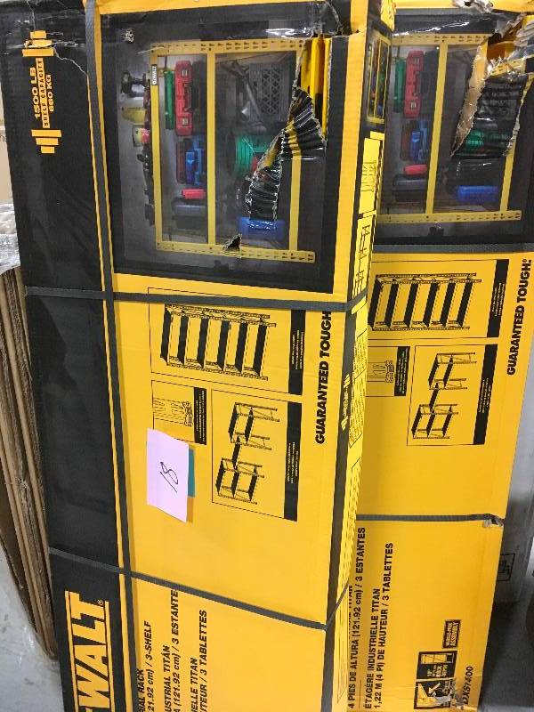 lot 18 image: DEWALT 48 in. H x 50 in. W x 18 in. D 3-Shelf Steel  Laminate Expandable Industrial Storage Rack Unit in Yellow not used