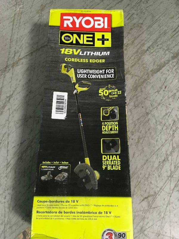 lot 21 image: RYOBI ONE 9 in. 18-Volt Lithium-Ion Cordless Edger - 1.3 Ah Battery and Charger Included  in good condition