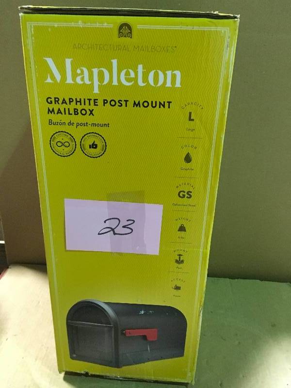 lot 23 image: Architectural Mailboxes Mapleton Post Mount Mailbox Graphite with Red Flag  in good condition
