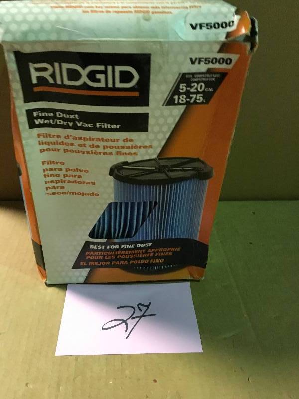 lot 27 image: RIDGID 3-Layer Fine Dust Pleated Paper Filter for 5.0 Plus Gal. RIDGID Wet Dry Vacs  in good condition