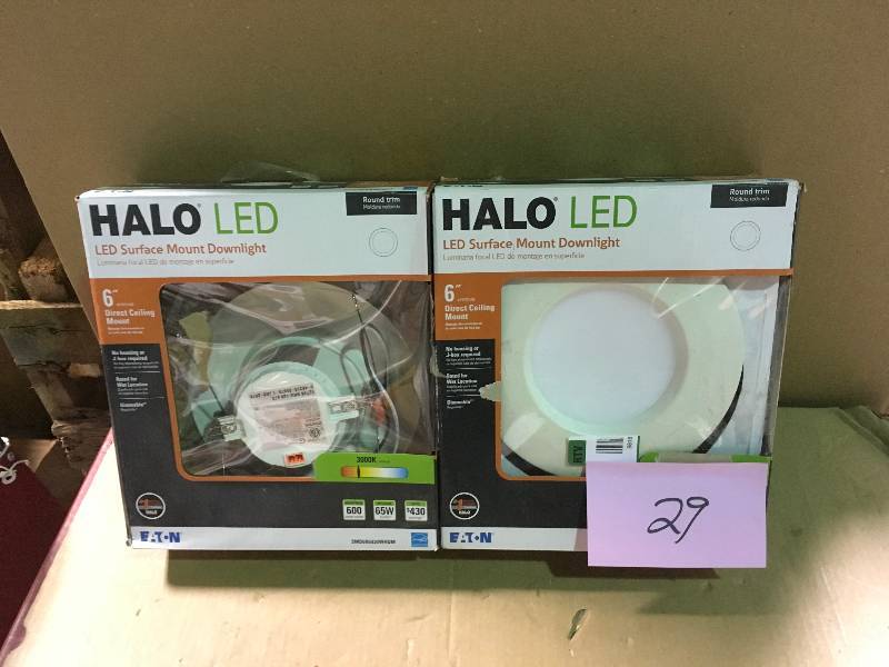 lot 29 image: Halo SMD-DM 6 in. 3000K Lens White Round Integrated LED Surface Mount Recessed Remodel Trim Kit QTY 2  in good condition