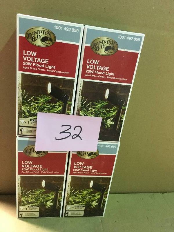 lot 32 image: Hampton Bay Low-Voltage 20-Watt Aged Brass Outdoor Halogen Landscape Flood Light qty 4  in good condition