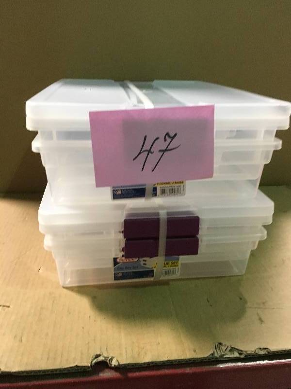 lot 47 image: Sterilite Multi-Size Clip Box Set Clear with Purple Latch (4-Pack) QTY 2 ONE BROKEN