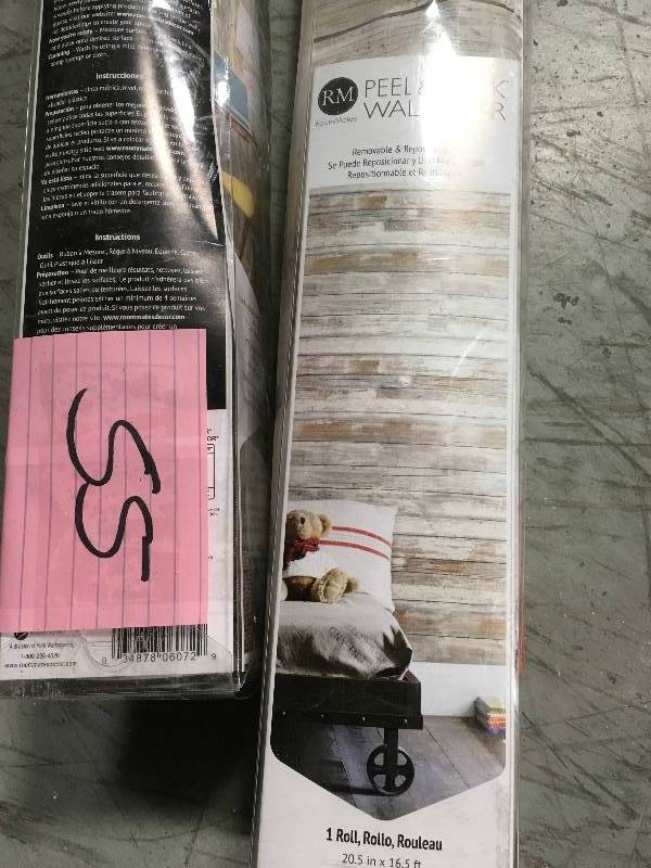 lot 55 image: RoomMates 28.18 sq. ft. Distressed Wood Peel and Stick Wallpaper QTY 2 in good condition