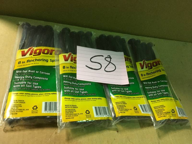 lot 58 image: Vigoro 8 in. Black Plastic-Nylon Spiral Anchoring Spikes (8-Pack) QTY 4 not used
