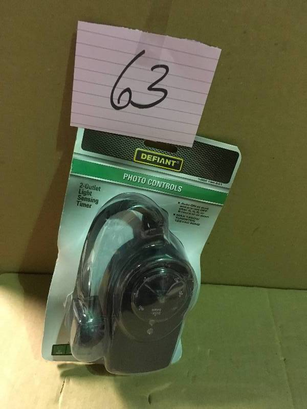 lot 63 image: Defiant 1250-Watt Outdoor Light Sensing Timer with 2-Grounded Outlets, Black in good condition