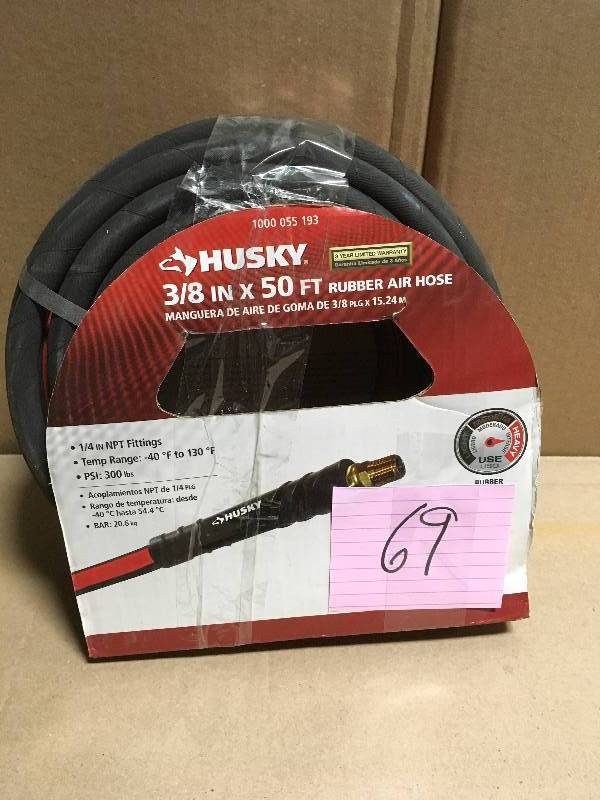 lot 69 image: Husky 38 in. x 50 ft. Premium Rubber Air Hose in good condition