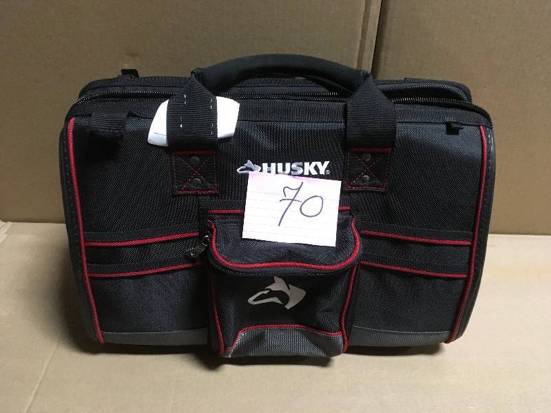 lot 70 image: Husky 18 in. Large Mouth Tool Bag with Tool Wall in good condition