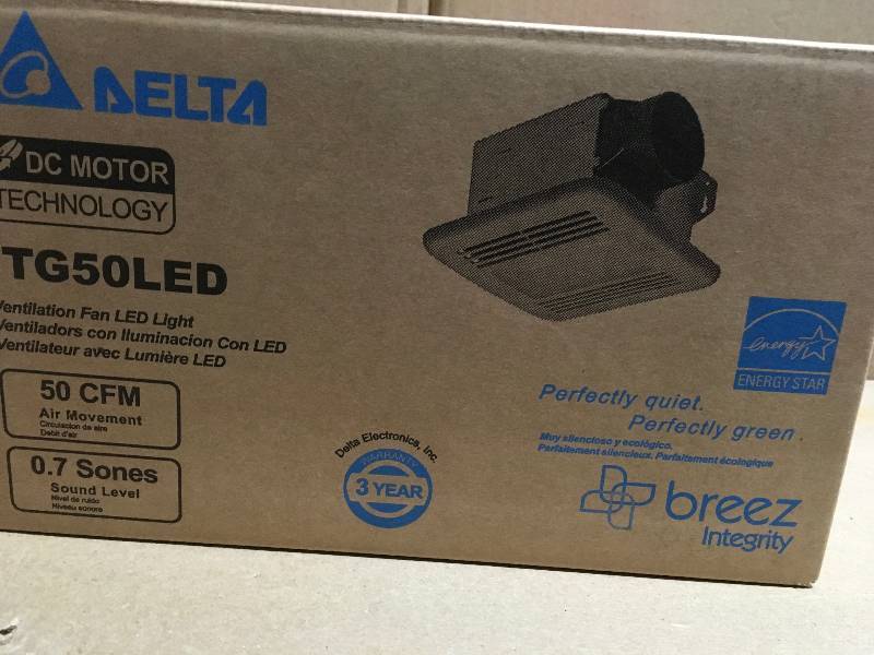 lot 90 image: Delta Breez Integrity Series 50 CFM Ceiling Bathroom Exhaust Fan with Dimmable LED Light,in good condition