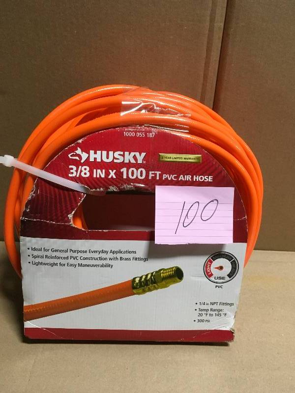 lot 100 image: Husky 38 in. x 100 ft. PVC Air Hose in good condition