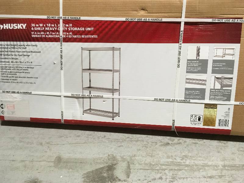 lot 102 image: HUSKY Shelving Heavy-Duty STORAGE - 4-Shelf Unit,, 36Inch W x 18Inch L x 72Inch H not used