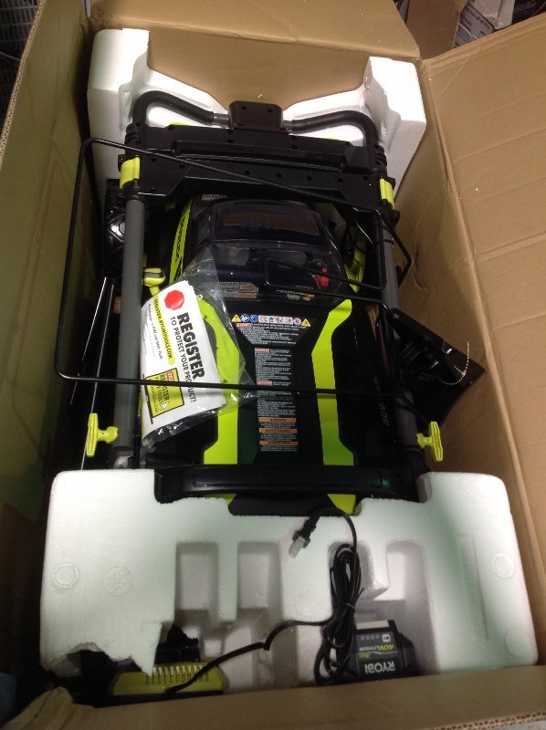 lot 113 image: Ryobi 20 in. 40-Volt Brushless Lithium-Ion Cordless Self-Propelled Walk Behind Mower - 3.0 Ah BatteriyCharger Included in good condition