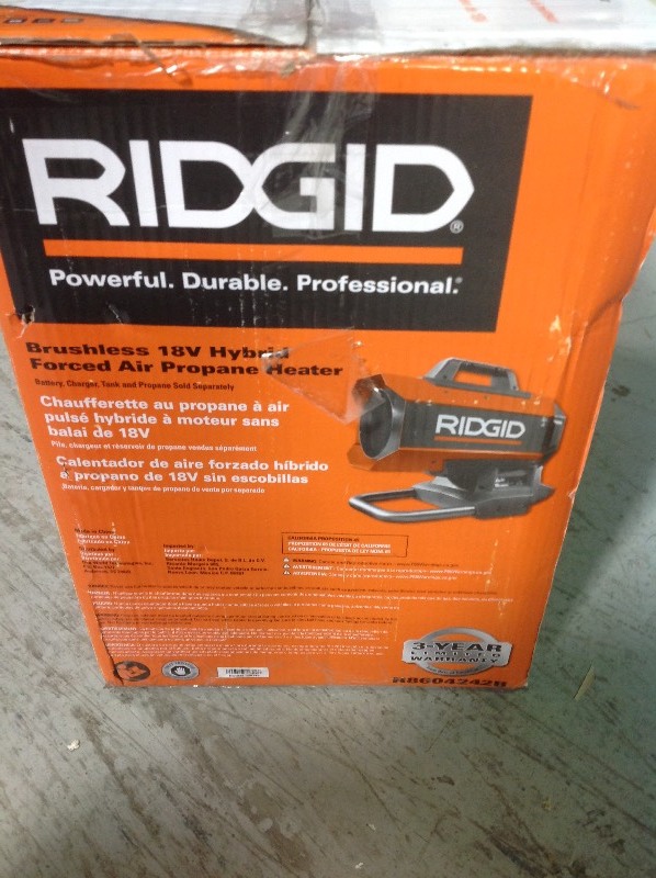lot 107 image: RIDGID 18-Volt 60K BTU Hybrid Forced Air Propane Portable Heater in good conditions Tool Only