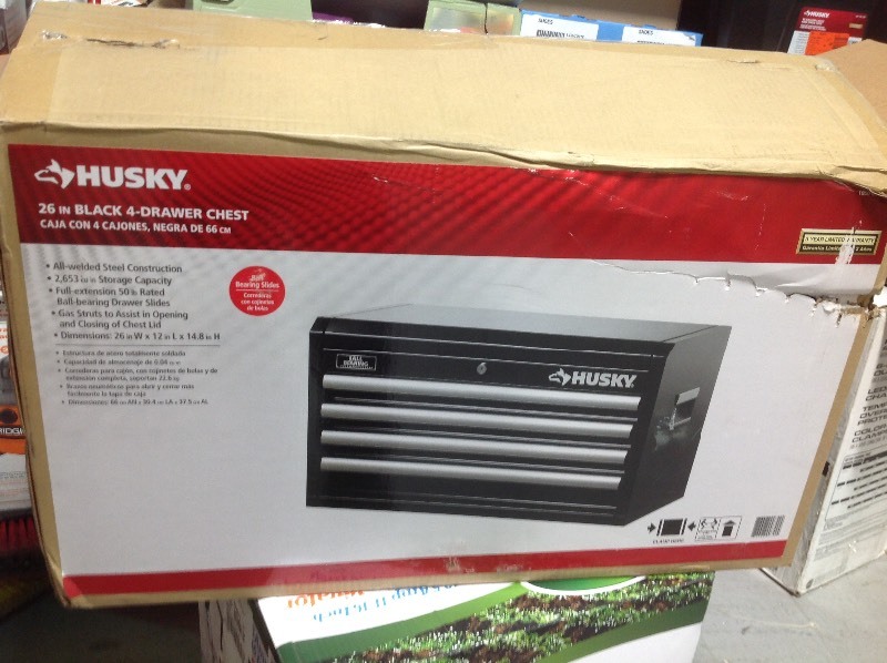 lot 108 image: Husky brand 26 in. Wide 4-Drawer Tool Chest, Black in good conditions