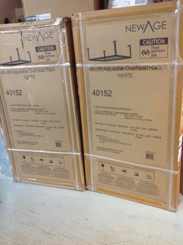 lot 115 image: Lot of 2 NewAge Products Versarac White 4 x 8 Adjustable Garage Overhead Rack, 40152 not used