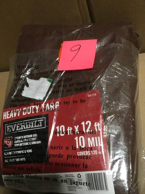 lot 9 image: EVERBILT PY010 HEAVY DUTY TARP, SILVER-BROWN, 10 FT. X 12 FT.  in good working condition