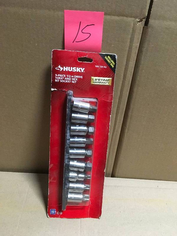 lot 15 image: Husky 12 in. Drive Torx and Hex Bit Socket Set (9-Piece)  in good working condition