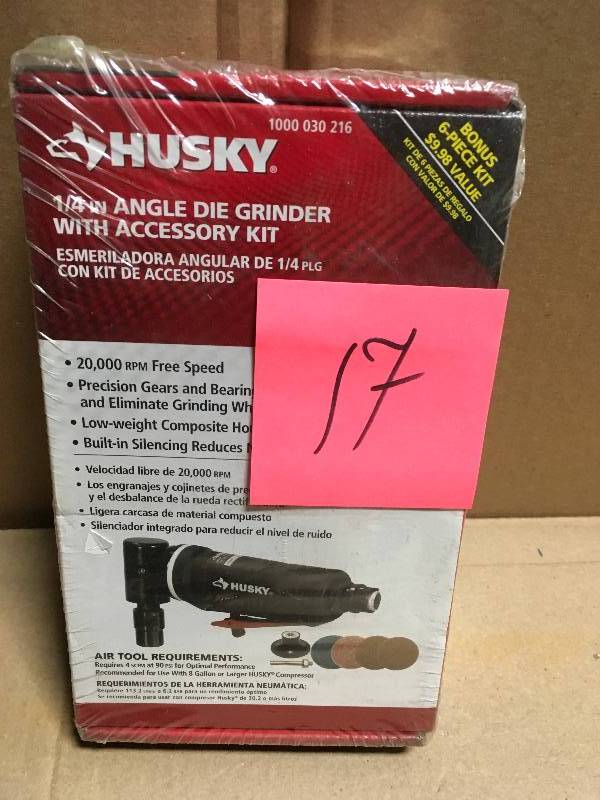 lot 17 image: Husky 14 Angle Die Grinder w 6PC Accessory Kit  in good working condition