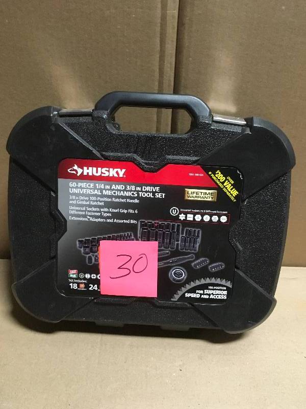 lot 30 image: Husky 38 in. Drive 100-Position Universal SAE and Metric Mechanics Tool Set (60-Piece) in good condition