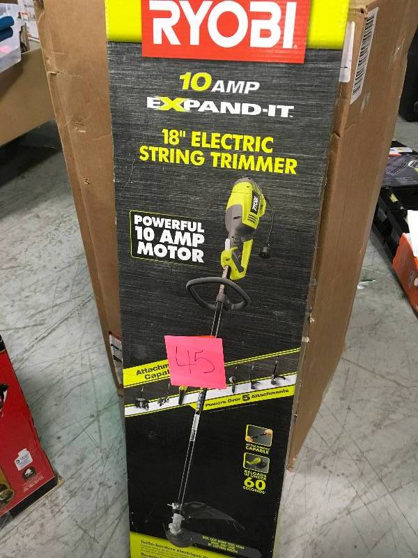 lot 45 image: RYOBI 18 in. 10 Amp Electric String Trimmer  in good working condition