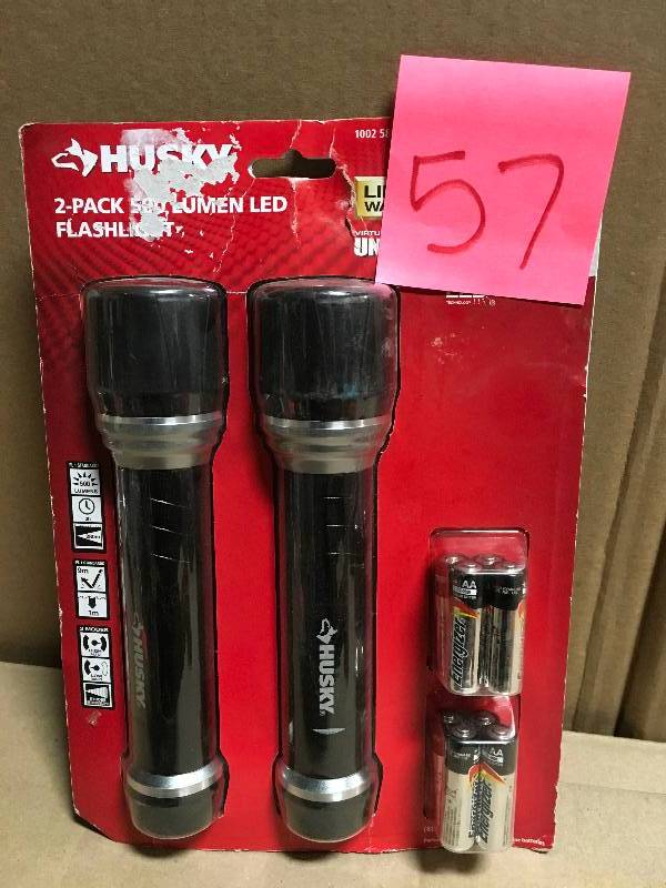 lot 57 image: HUSKY - 16FL1202 - 500 Lumen LED Aluminum Flashlight Unbreakable - 2-Pack not used