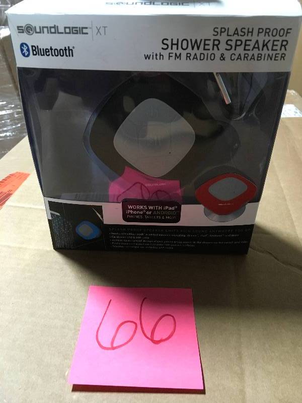 lot 66 image: SoundLogic Bluetooth Shower Speaker with FM Radio and Carabiner in Black