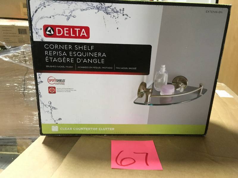 lot 67 image: Delta 8 in. W Glass Corner Shelf in Brushed Nickel in good condition