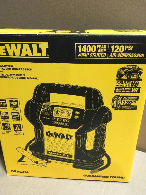 lot 93 image: DEWALT 1400 Peak Amp Jump Starter with Digital Compressor in good condition